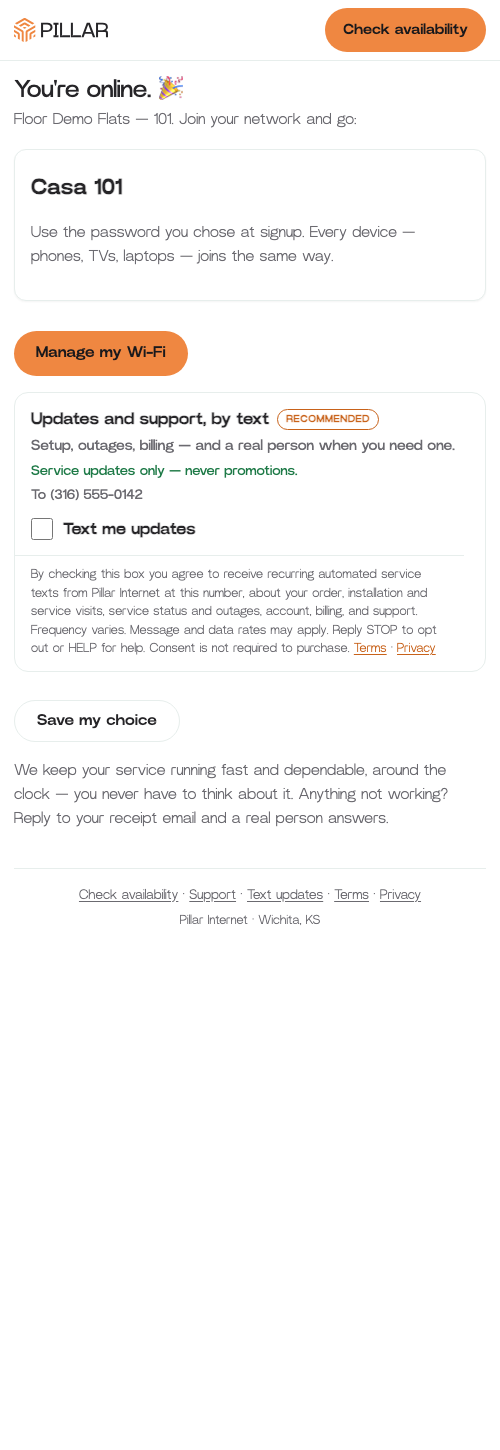 The post-purchase activation page: 'You're online', followed by
the unchecked consent card showing the exact mobile number and a
'Save my choice' button.