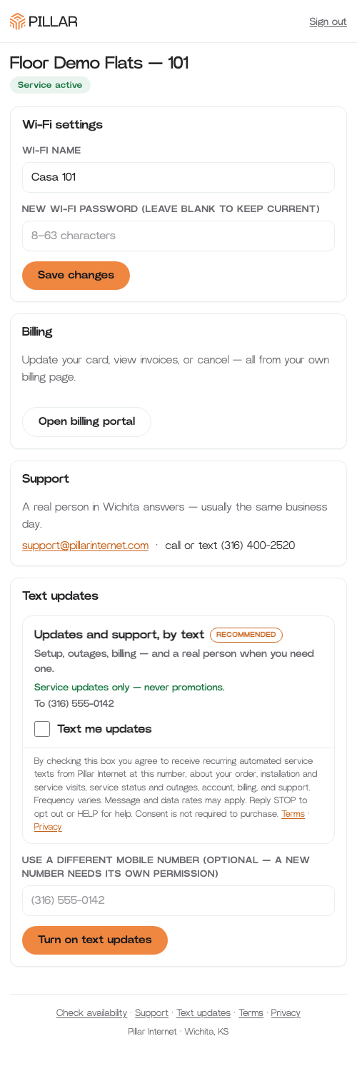 The authenticated resident portal's Text updates card: the same
unchecked consent card, the exact number on file, an optional
different-number field noting a new number needs its own permission,
and a 'Turn on text updates' button.
