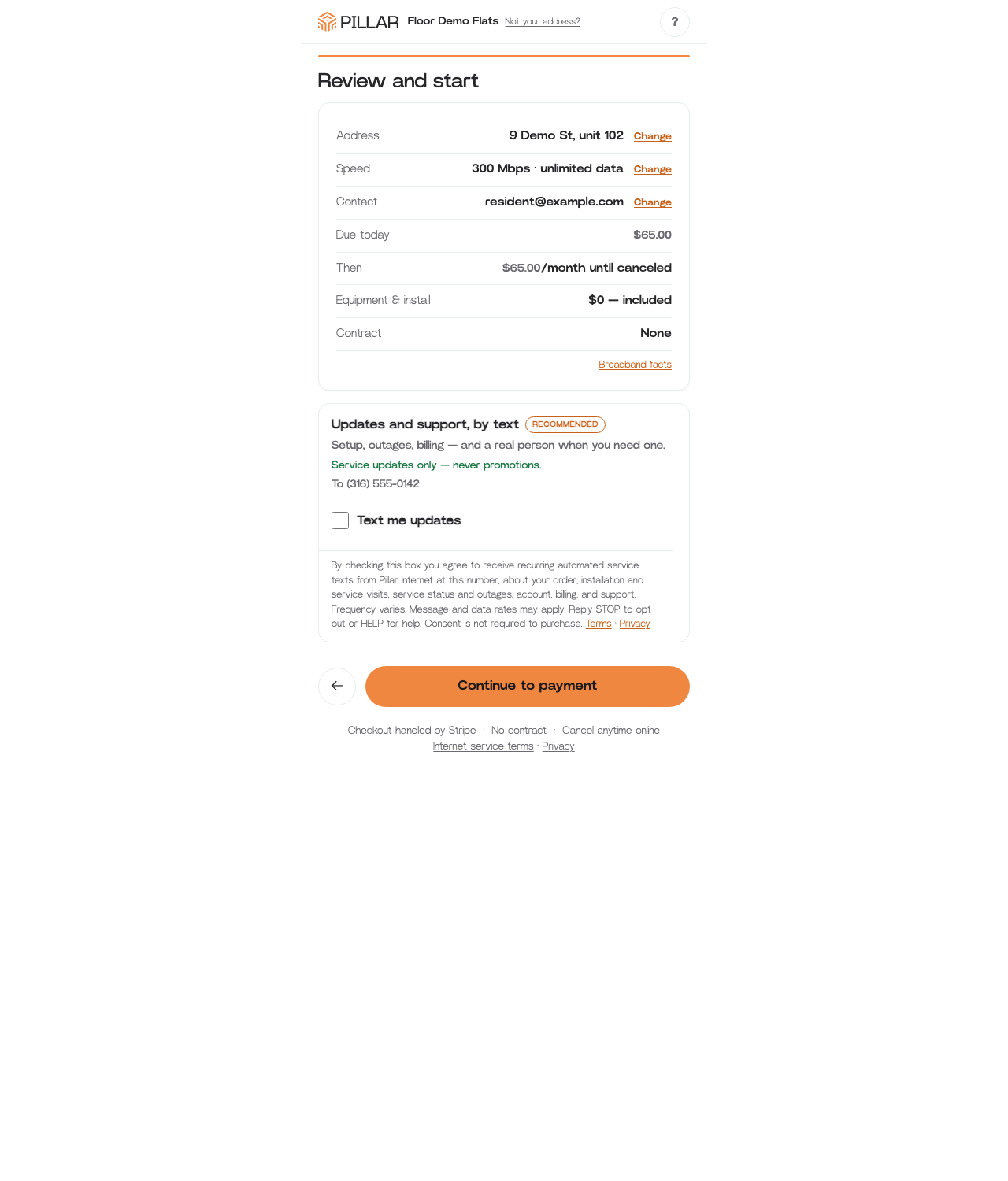 The signup page on a desktop browser: the consent card sits under
the mobile-number field, unchecked, with the full disclosure and
Terms and Privacy links beside it.